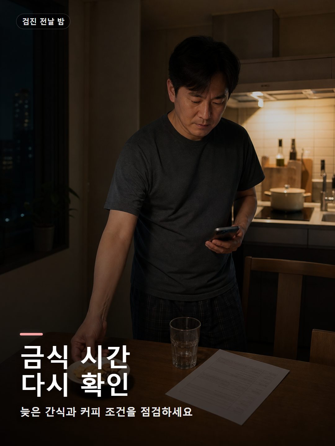 검진 전날 밤 혈당검사 금식시간을 준비하는 모습