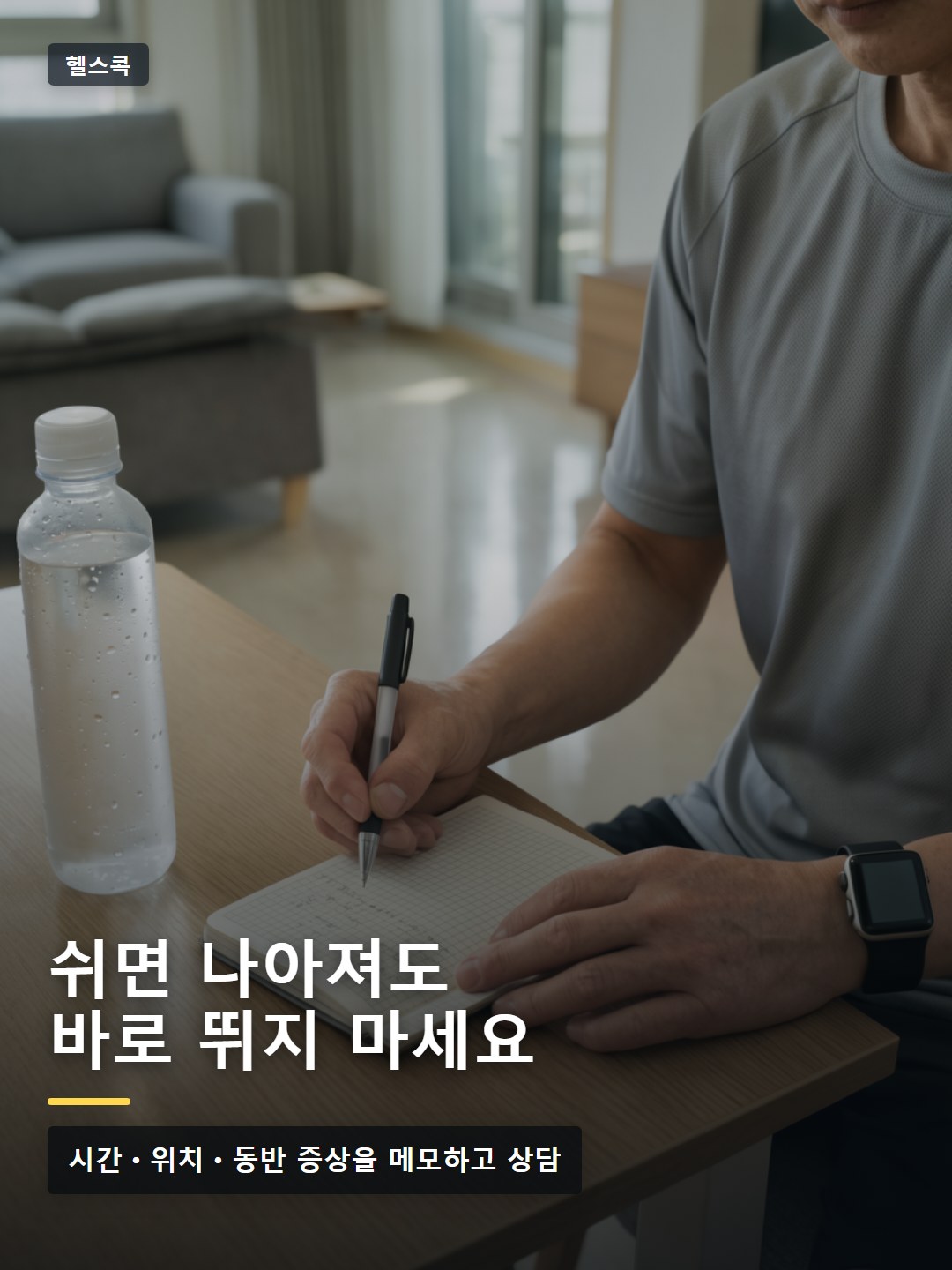 운동 후 가슴 통증 시간과 동반 증상을 메모하는 장면