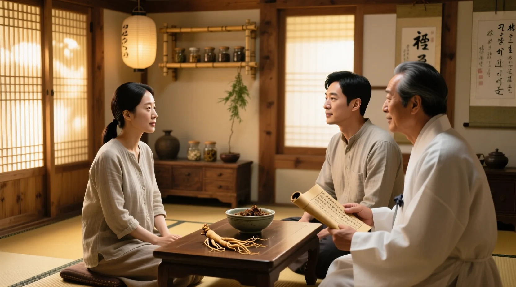 한의원 진료실에서 난임 치료 상담을 받는 한국 부부