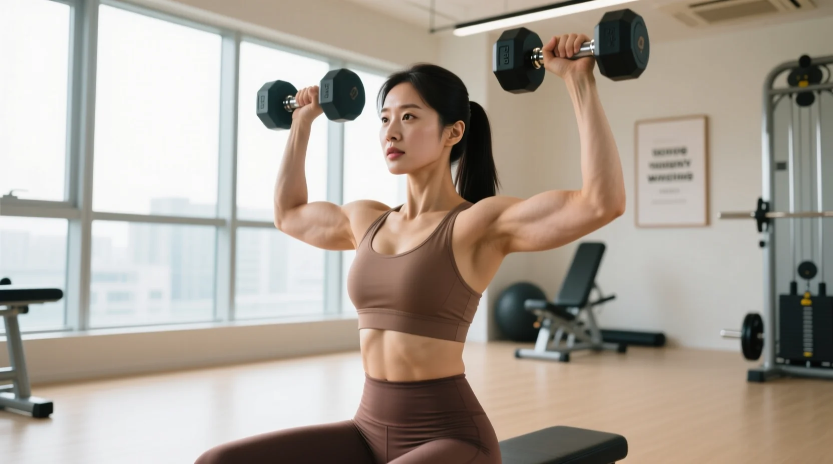 피부 탄력을 유지하면서 근력운동 중인 한국 여성