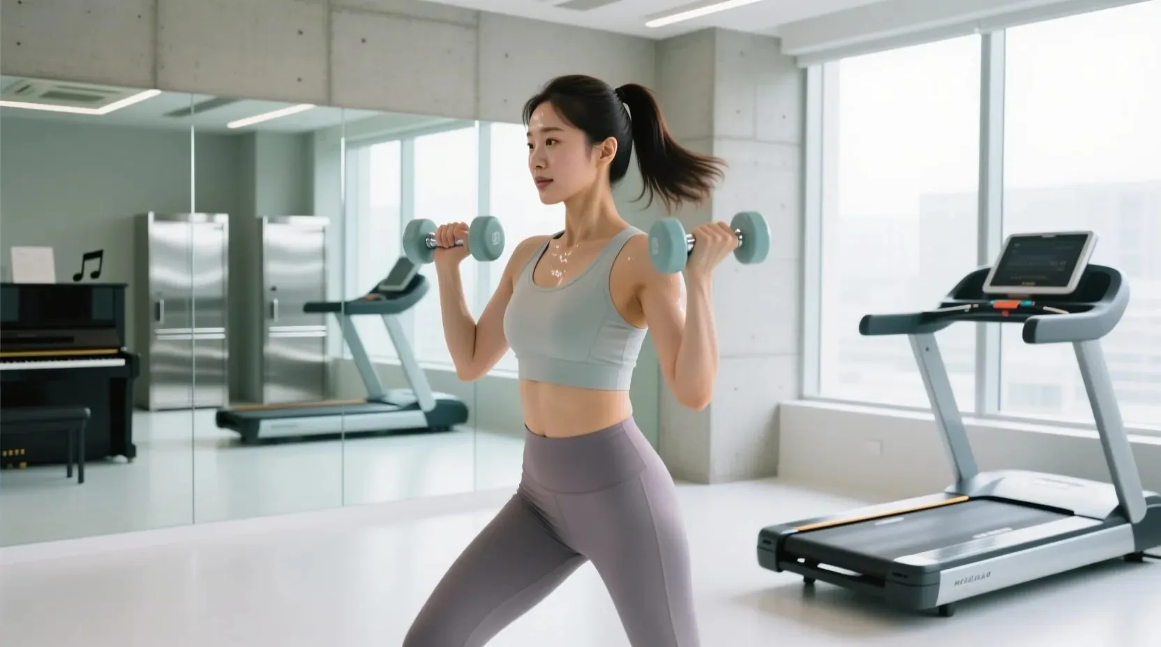 밝은 체육관에서 운동 중인 한국 여성