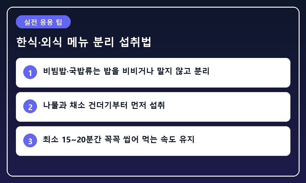 정갈한 한식 상차림에서 나물과 채소 반찬을 먼저 집어 먹는 건강한 식사 장면 일러스트