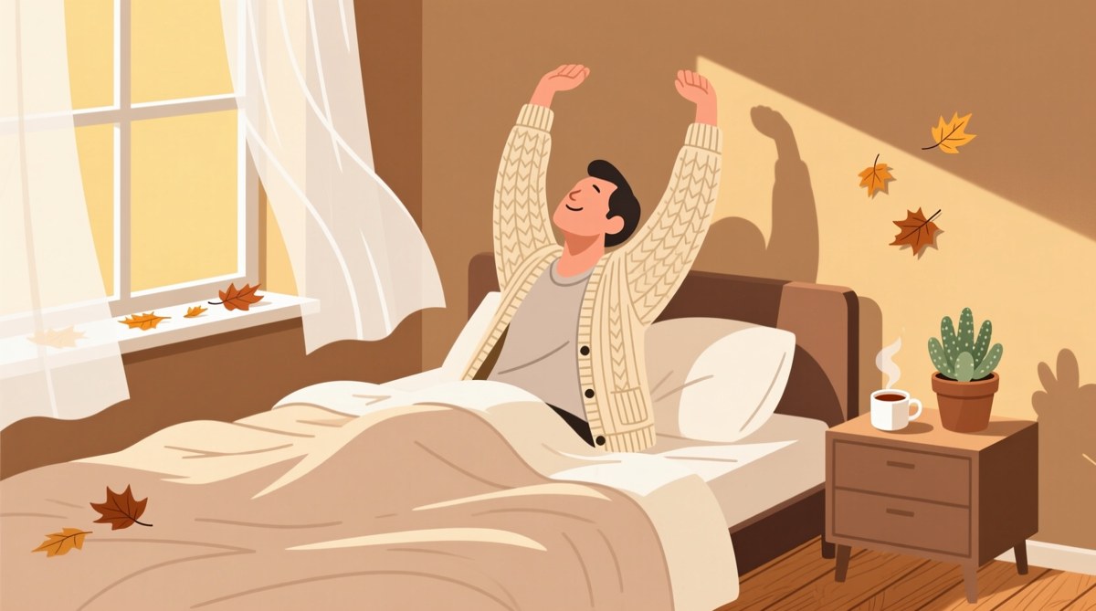 기상 직후 따뜻한 실내 가디건을 걸치고 가벼운 스트레칭으로 혈관을 보호하는 생활 습관 일러스트