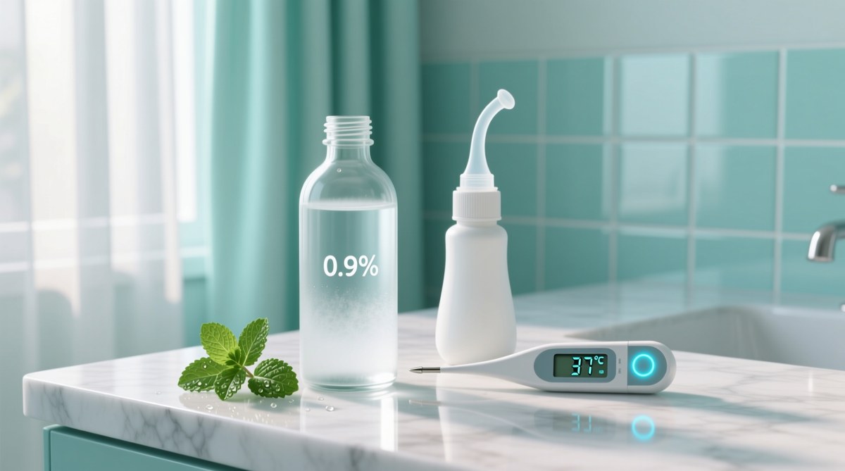 0.9% 멸균 생리식염수 용기와 30~35도 적정 온도를 나타내는 체온계가 놓인 코세척 준비물