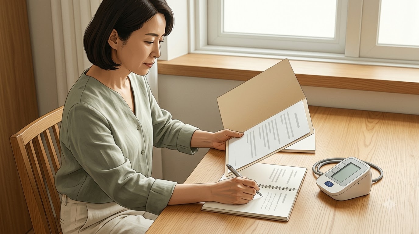 건강검진 결과지를 보며 진료 때 물어볼 내용을 메모하는 모습 일러스트