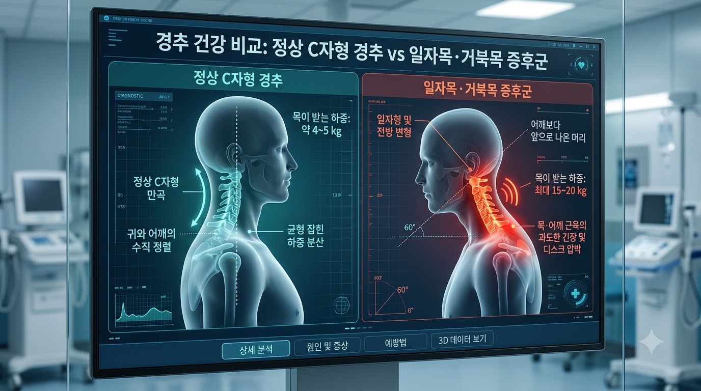 정상적인 C자형 경추 곡선과 거북목 일자목의 하중 비교