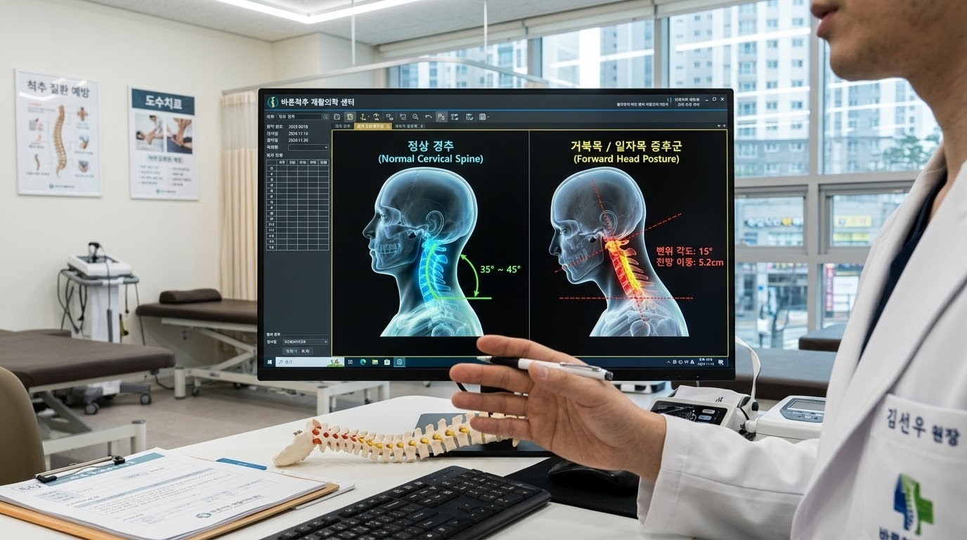 목·어깨 통증 박멸! 앉은 자리에서 하는 거북목 교정 턱 당기기(Chin Tuck) 3분 운동 비교 분석 인포그래픽