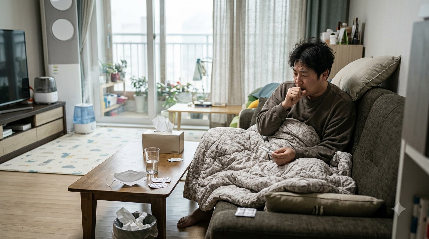 집에서 쉬며 체온을 확인하는 성인, AI 제작 이미지 · 참고 이미지 아님 · AI 생성 설명용 이미지