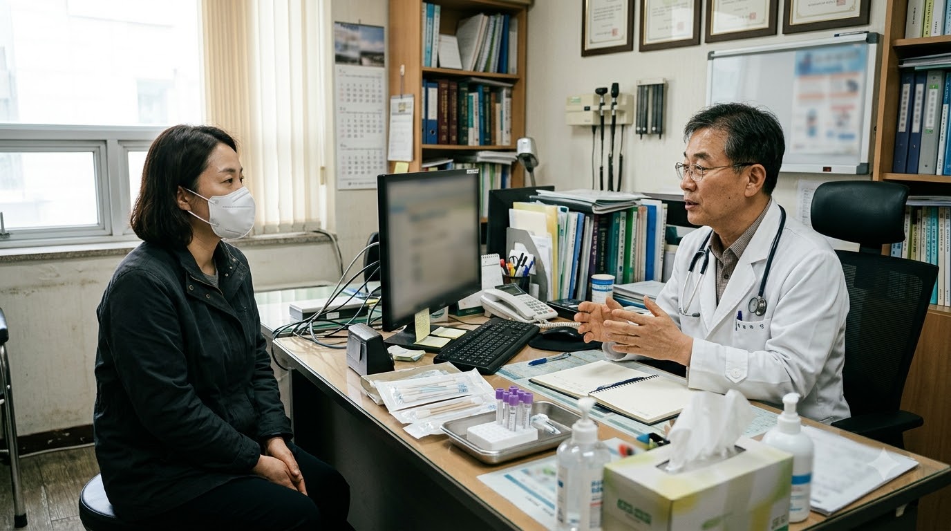 호흡기 증상 검사 시점을 의료진과 상담하는 장면, AI 제작 이미지 · 참고 이미지 아님 · AI 생성 설명용 이미지