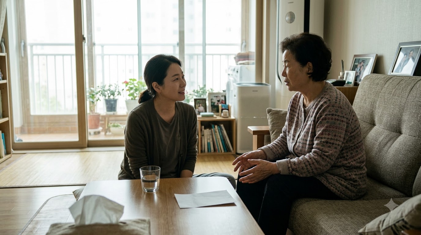 거실에서 마주 앉아 대화하는 가족