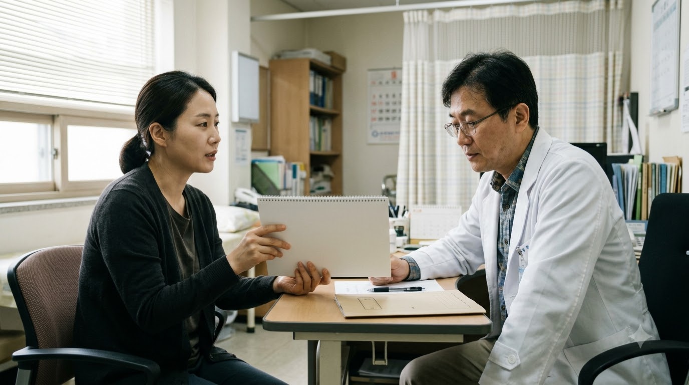 메모장을 보여주며 의사와 상담하는 모습