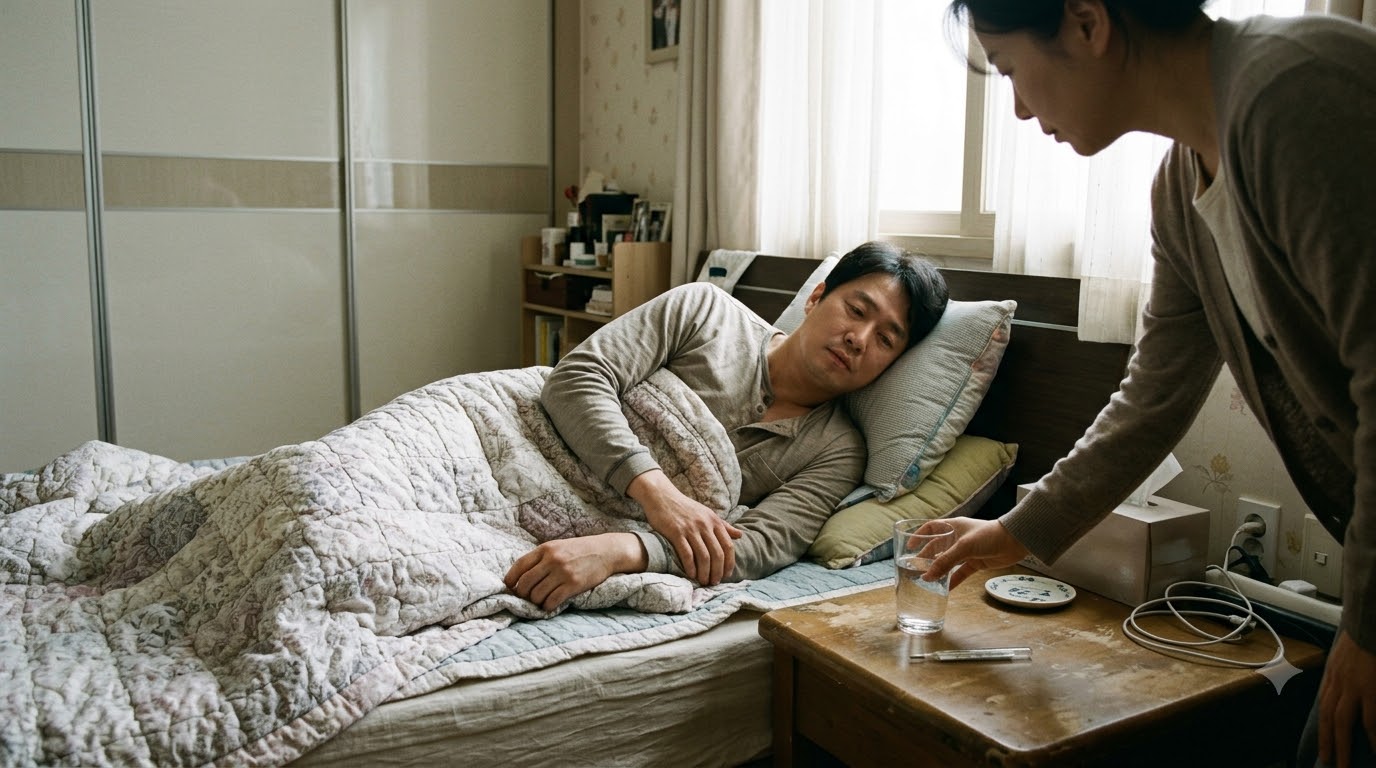 집에서 쉬는 사람 곁에 물컵과 체온계를 챙겨 둔 모습