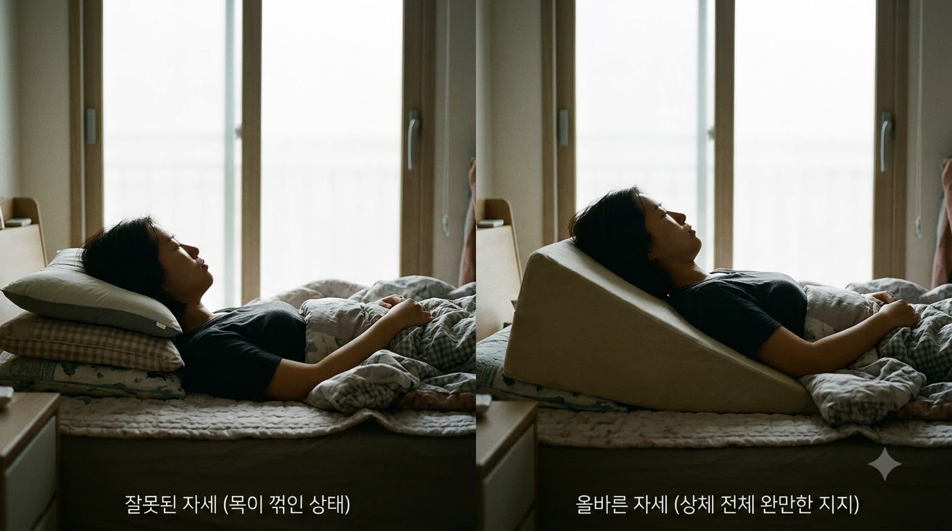 머리만 높이는 자세와 상체 전체를 완만하게 받치는 자세를 비교해 보세요.