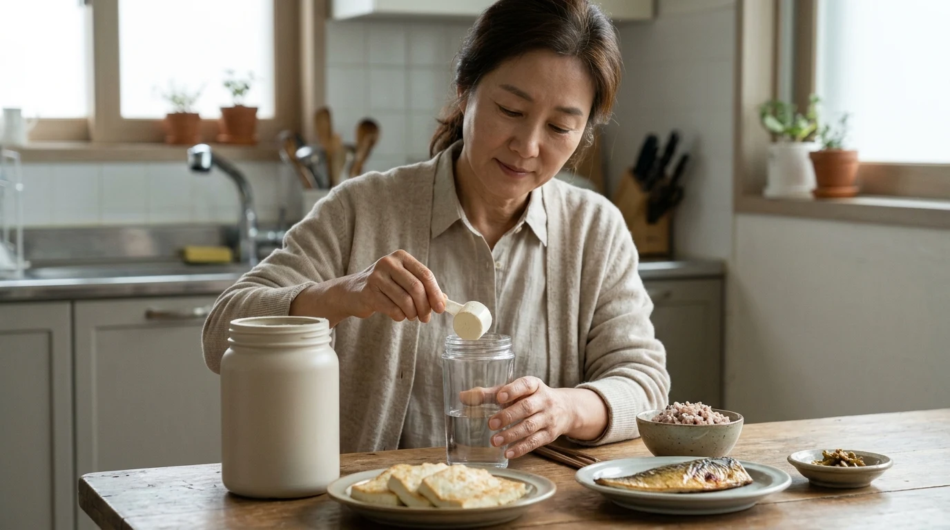 아침 식사와 함께 단백질 보충 음료를 준비하는 모습.